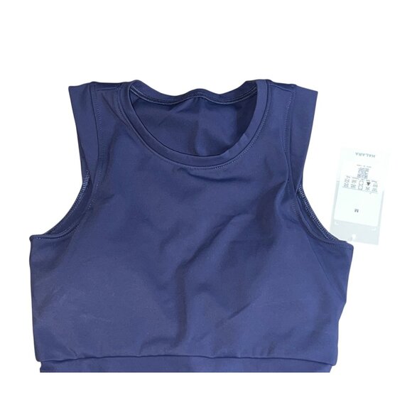 Halara Round Neck Cap Sleeve Cropped Ruched Workout Tank Sz Medium Navy Built in - Picture 7 of 10